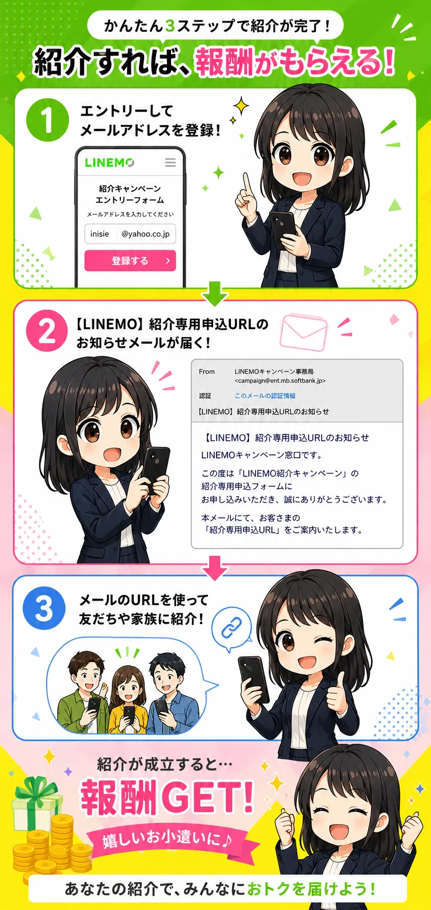 LINEMO紹介メールを熟読するOL