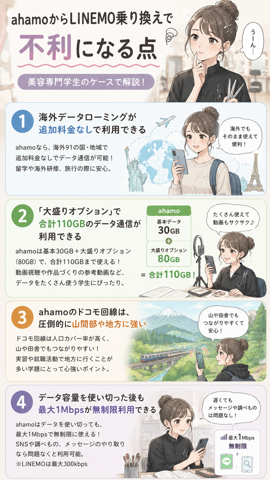 ahamoからLINEMO乗り換えで不利になる点の箇条書きを美容専門学生を事例