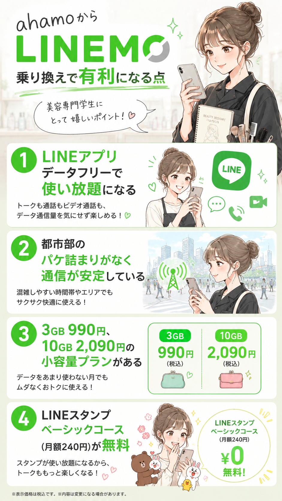 ahamoからLINEMO乗り換えで有利になる点の箇条書きを美容専門学生を事例